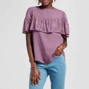 Short Sleeve Lace Flounce Cut Out Top - Purple XL